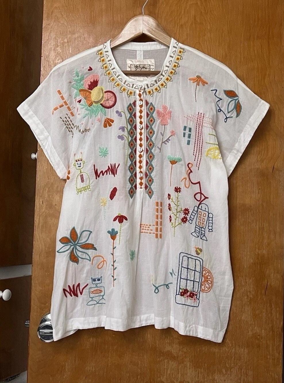 Johnny Was Lemona Embroidered Cotton Top Tunic Robot Boho Floral Fruits Size M